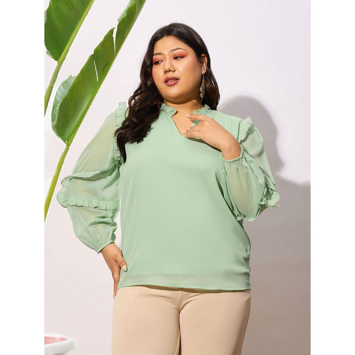 بلوزة بمقاس كبير مع ياقة بشق واكمام بكشكش ساسافراس × ستايلي-women-clothing-shirtsandblouses-blouses-image-1