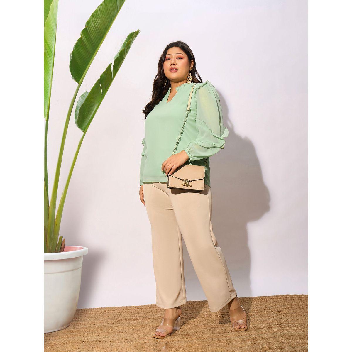 بلوزة بمقاس كبير مع ياقة بشق واكمام بكشكش ساسافراس × ستايلي-women-clothing-shirtsandblouses-blouses-image-2