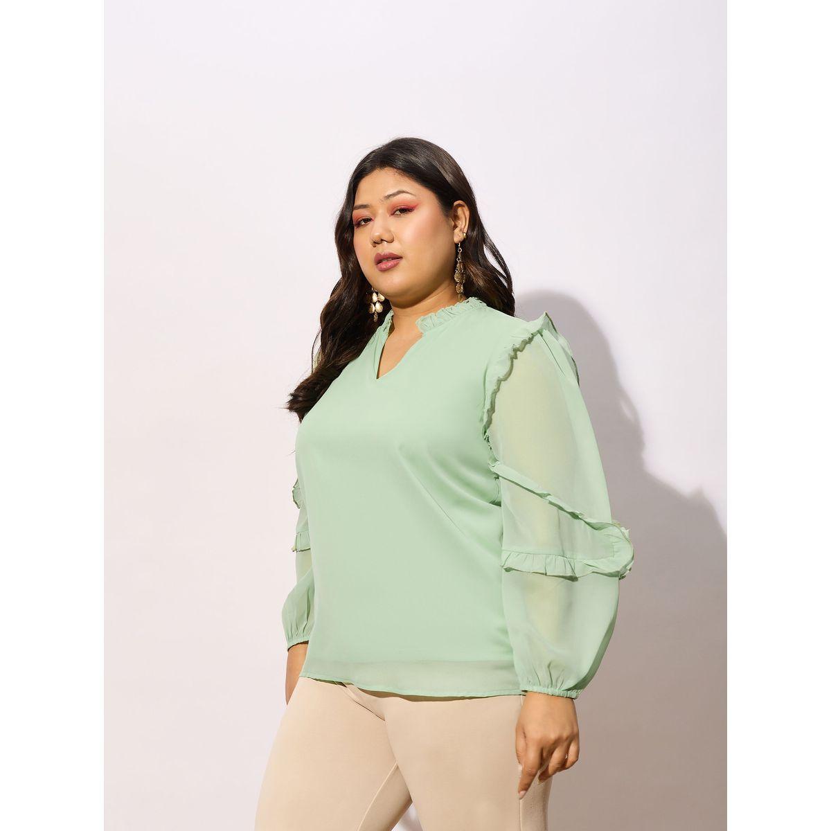 بلوزة بمقاس كبير مع ياقة بشق واكمام بكشكش ساسافراس × ستايلي-women-clothing-shirtsandblouses-blouses-image-3