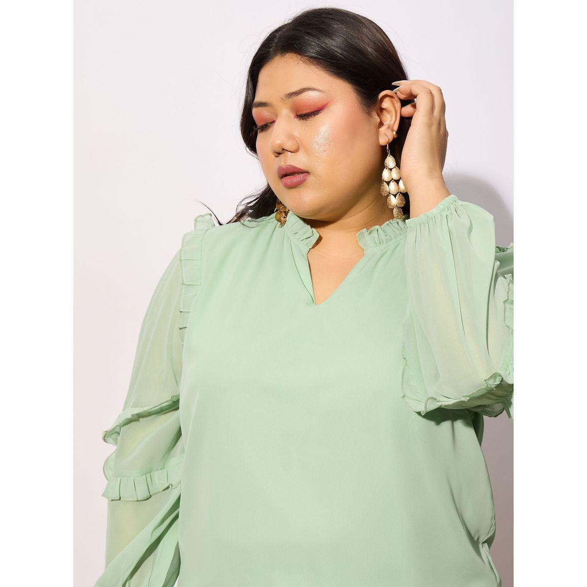 بلوزة بمقاس كبير مع ياقة بشق واكمام بكشكش ساسافراس × ستايلي-women-clothing-shirtsandblouses-blouses-image-4