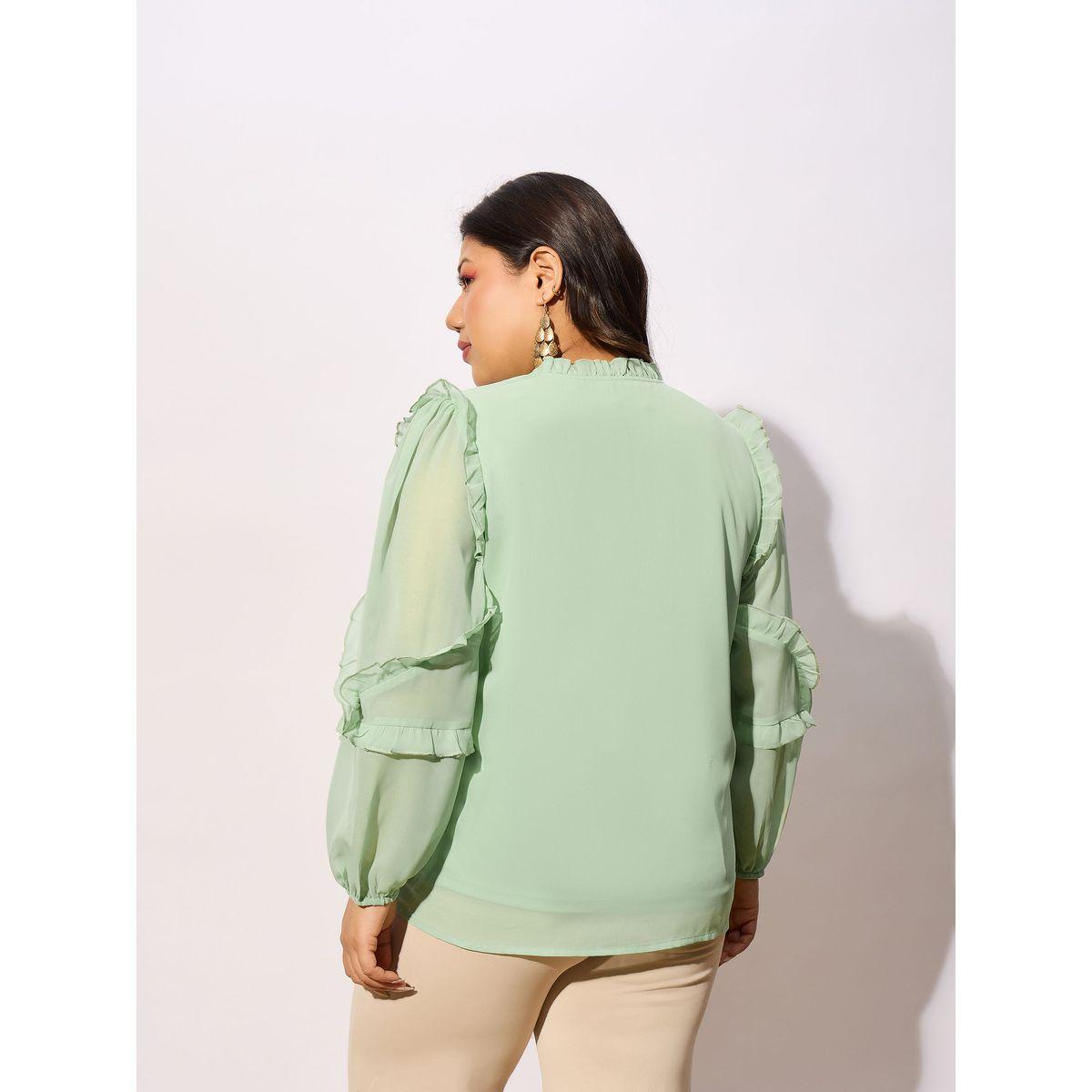 بلوزة بمقاس كبير مع ياقة بشق واكمام بكشكش ساسافراس × ستايلي-women-clothing-shirtsandblouses-blouses-image-5