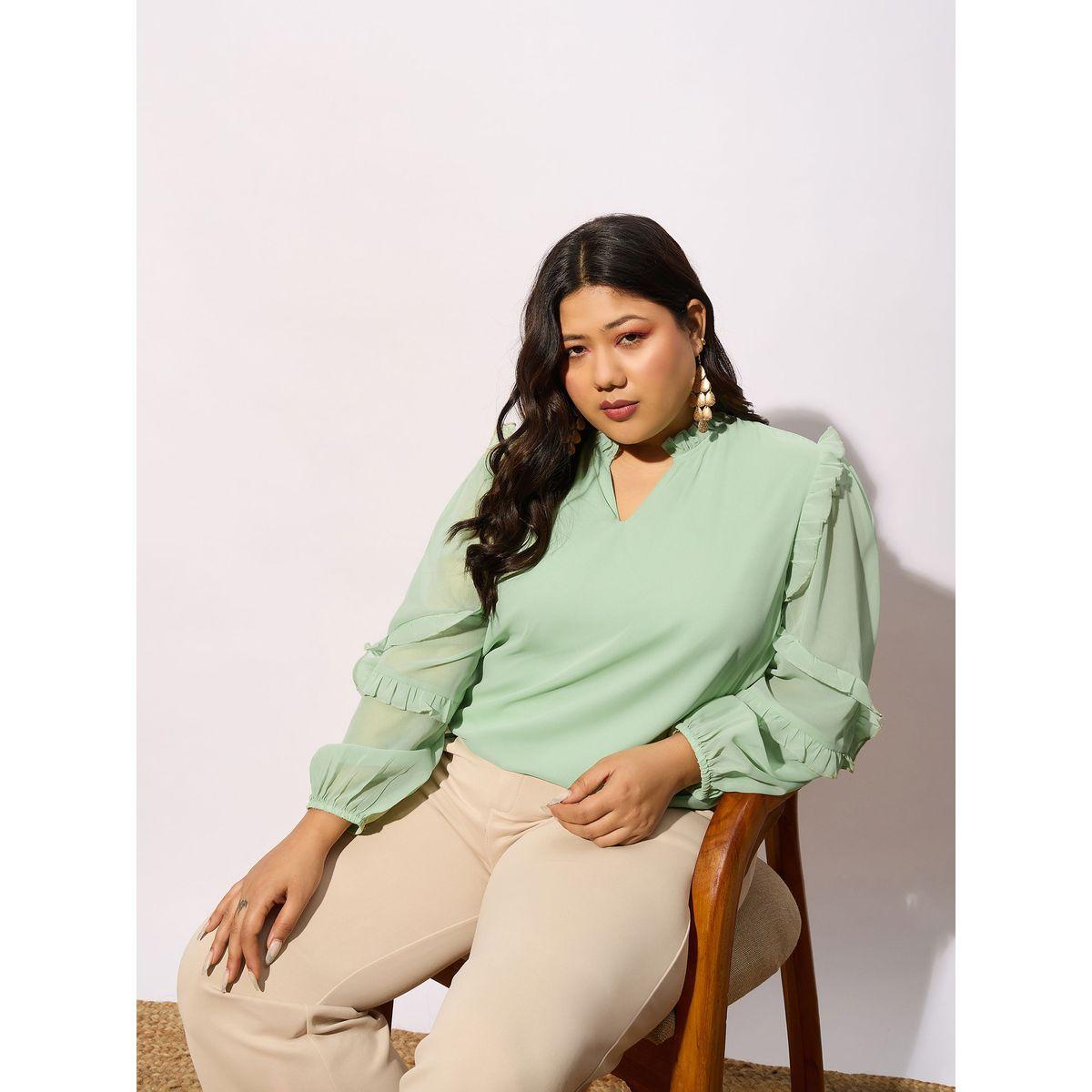 بلوزة بمقاس كبير مع ياقة بشق واكمام بكشكش ساسافراس × ستايلي-women-clothing-shirtsandblouses-blouses-image-6