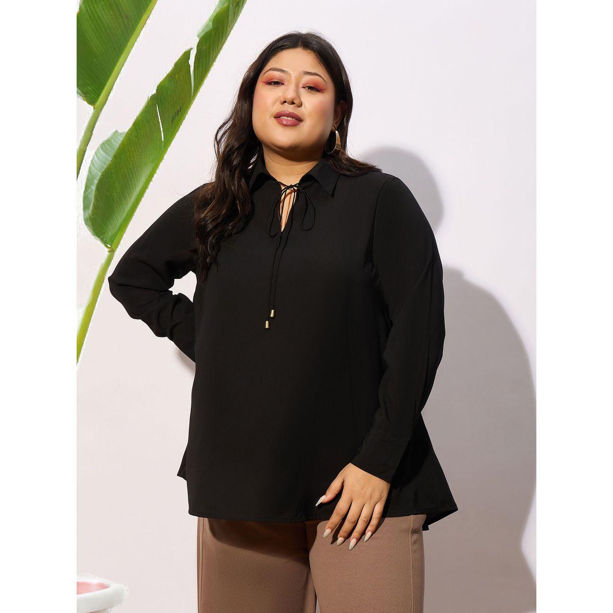 Sassafras X Styli  Plus Solid Tie-Up Neck Top with Long Sleeve-women-clothing-shirtsandblouses-blouses-image-1