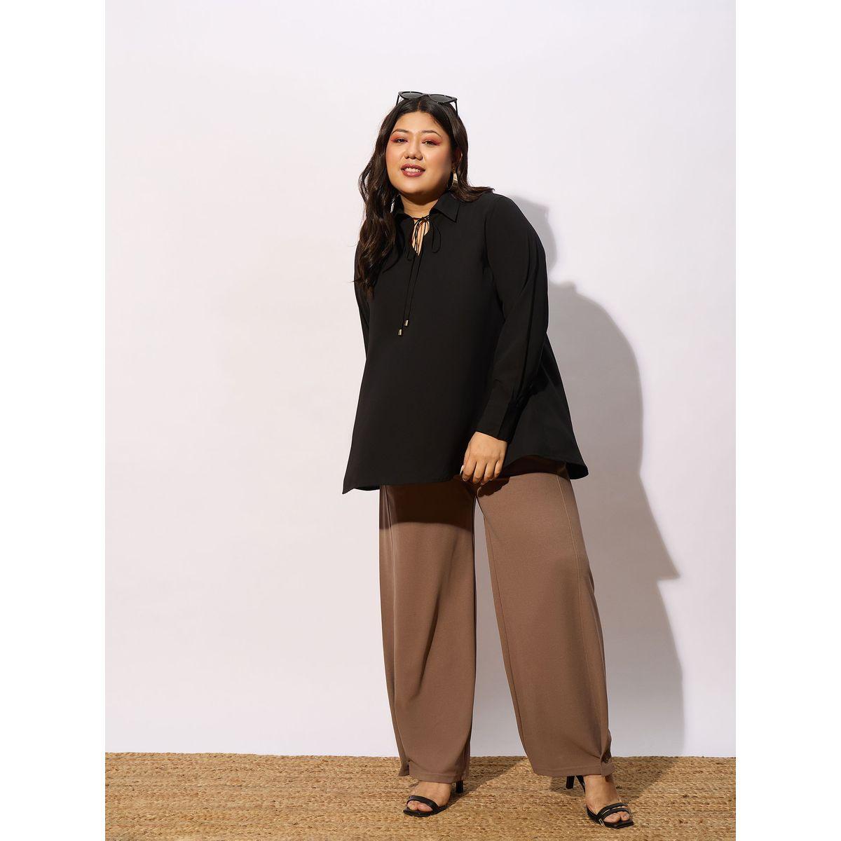 بلوزة سادة بمقاس كبير مع ياقة بأربطة واكمام طويلة ساسافراس × ستايلي-women-clothing-shirtsandblouses-blouses-image-2