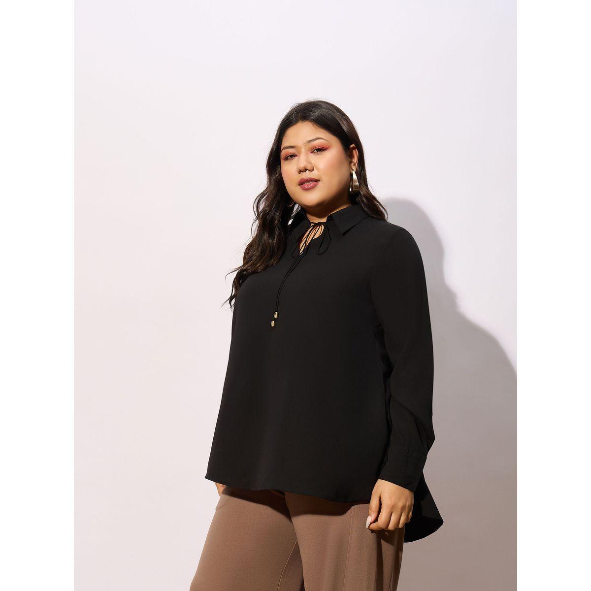 Sassafras X Styli  Plus Solid Tie-Up Neck Top with Long Sleeve-women-clothing-shirtsandblouses-blouses-image-3