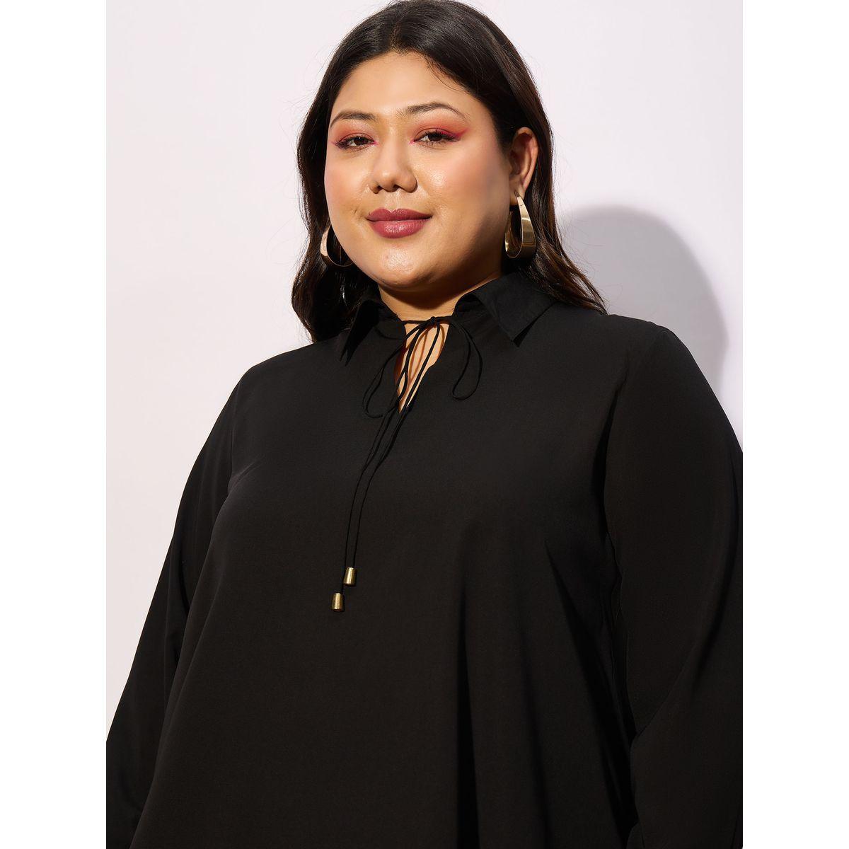 بلوزة سادة بمقاس كبير مع ياقة بأربطة واكمام طويلة ساسافراس × ستايلي-women-clothing-shirtsandblouses-blouses-image-4