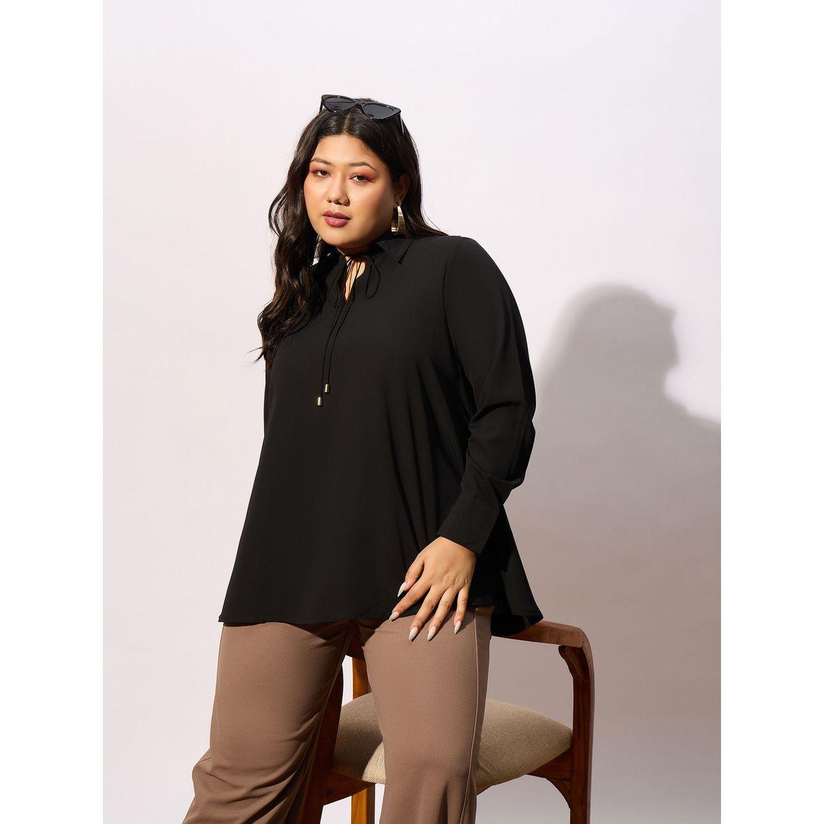 بلوزة سادة بمقاس كبير مع ياقة بأربطة واكمام طويلة ساسافراس × ستايلي-women-clothing-shirtsandblouses-blouses-image-6