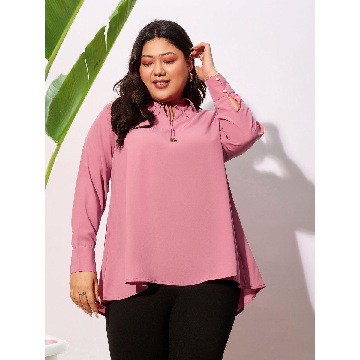Sassafras X Styli  Plus Solid Tie-Up Neck Top with Long Sleeve-women-clothing-shirtsandblouses-blouses-image-1
