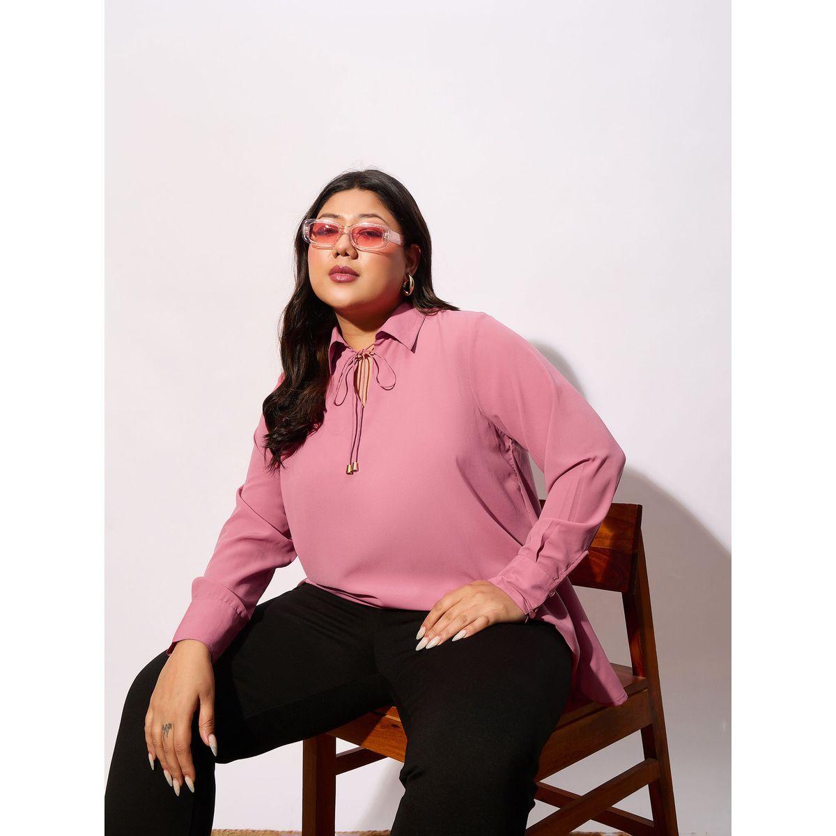 Sassafras X Styli  Plus Solid Tie-Up Neck Top with Long Sleeve-women-clothing-shirtsandblouses-blouses-image-2