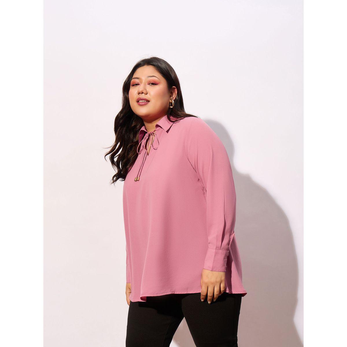 Sassafras X Styli  Plus Solid Tie-Up Neck Top with Long Sleeve-women-clothing-shirtsandblouses-blouses-image-3