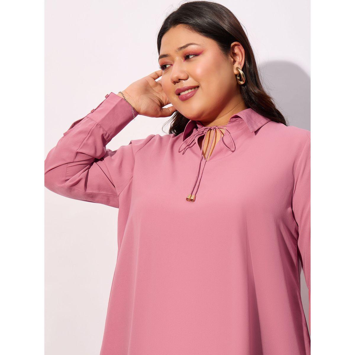 Sassafras X Styli  Plus Solid Tie-Up Neck Top with Long Sleeve-women-clothing-shirtsandblouses-blouses-image-4
