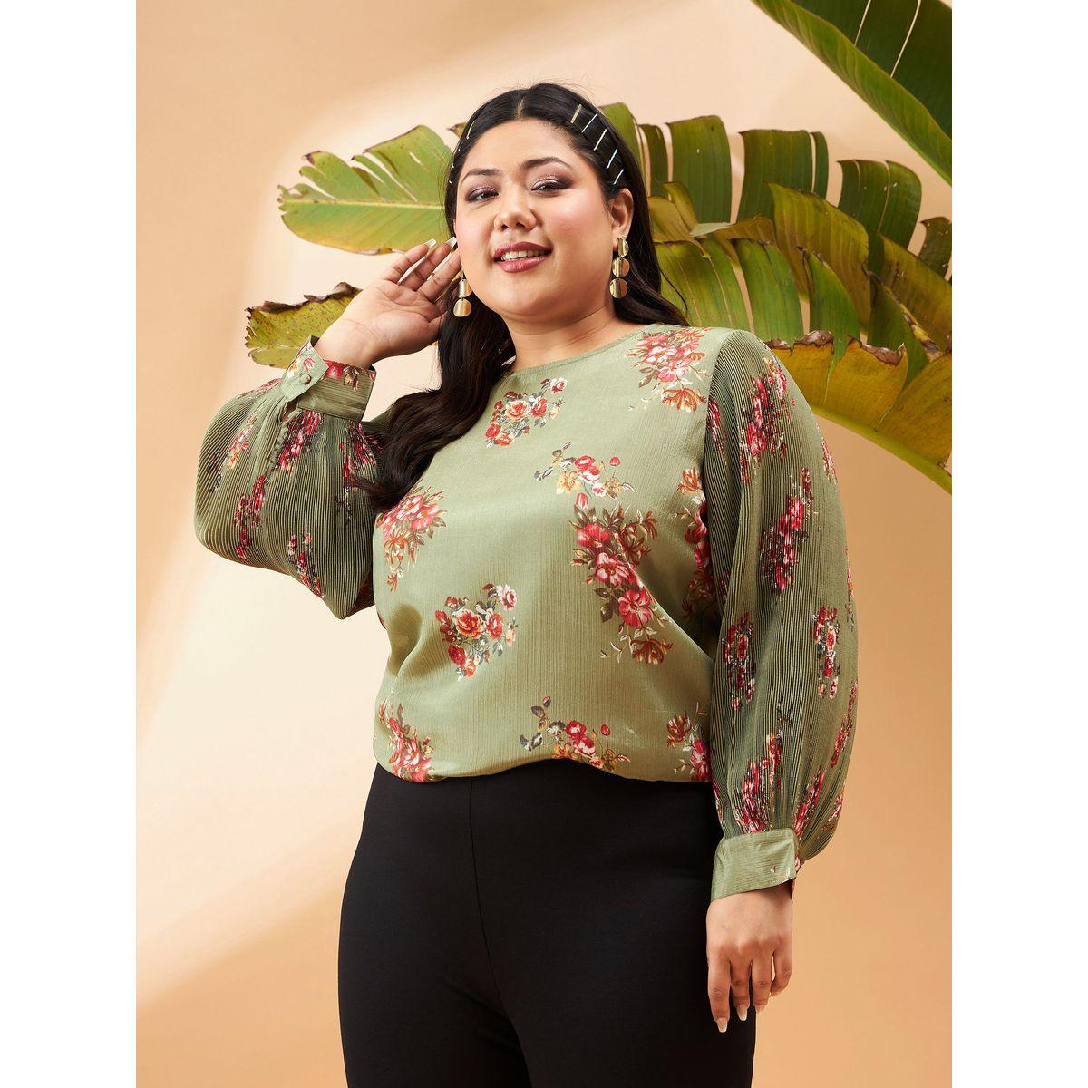بلوزة بمقاس كبير وطبعة زهور مع اكمام بليسيه ساسافراس × ستايلي-women-clothing-shirtsandblouses-blouses-image-1