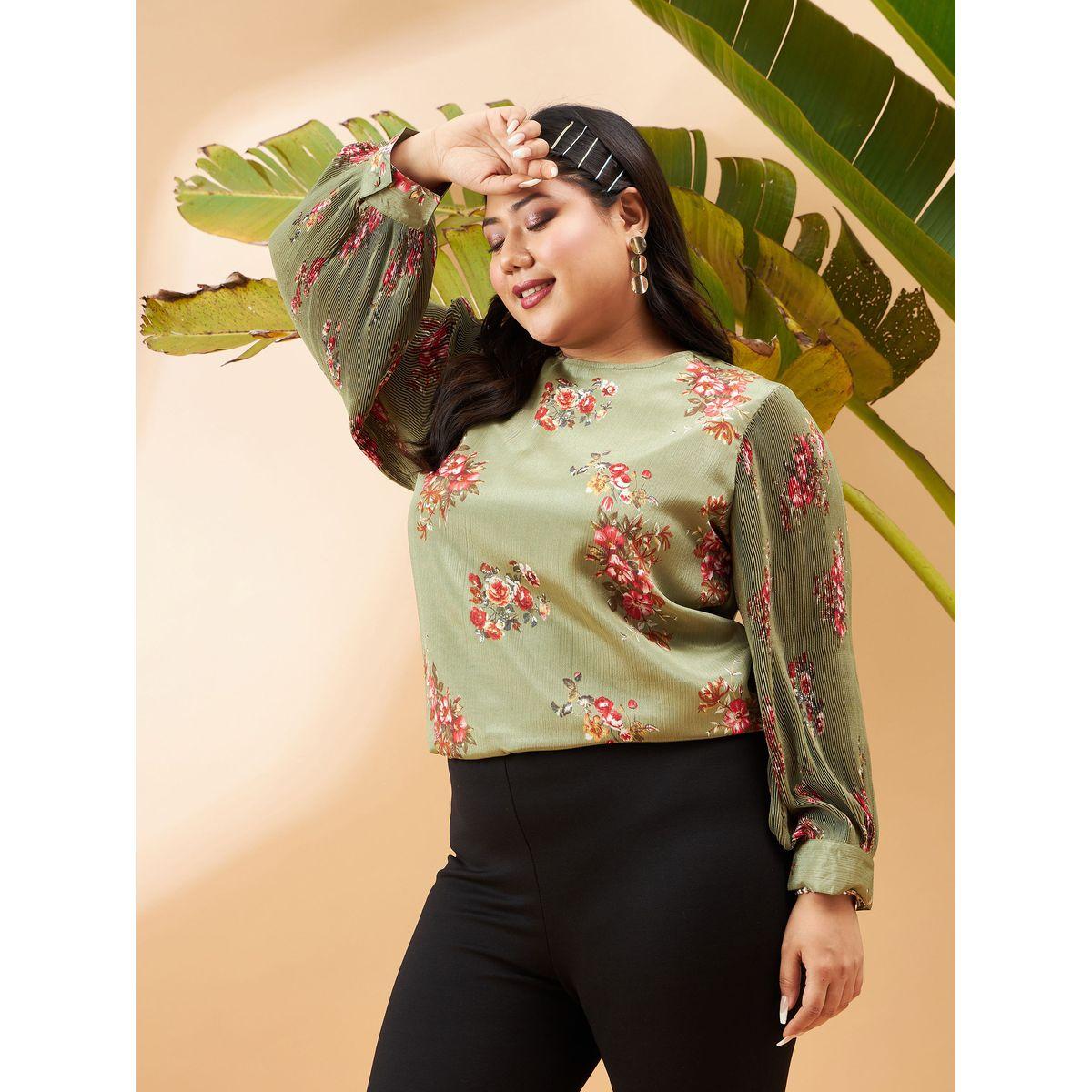 بلوزة بمقاس كبير وطبعة زهور مع اكمام بليسيه ساسافراس × ستايلي-women-clothing-shirtsandblouses-blouses-image-3
