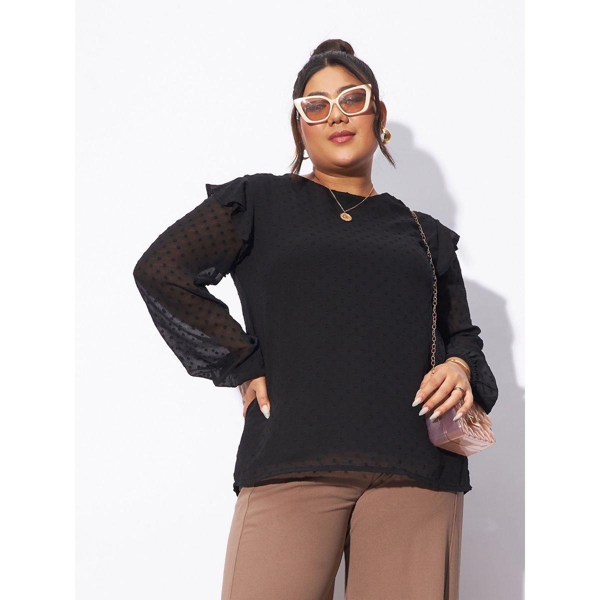 بلوزة بمقاس كبير وخيوط دوبي مع ياقة دائرية ساسافراس × ستايلي-women-clothing-shirtsandblouses-blouses-image-1