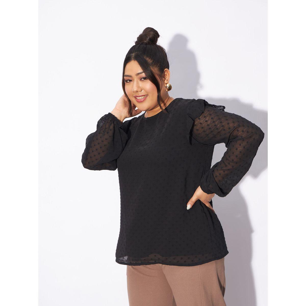 بلوزة بمقاس كبير وخيوط دوبي مع ياقة دائرية ساسافراس × ستايلي-women-clothing-shirtsandblouses-blouses-image-3