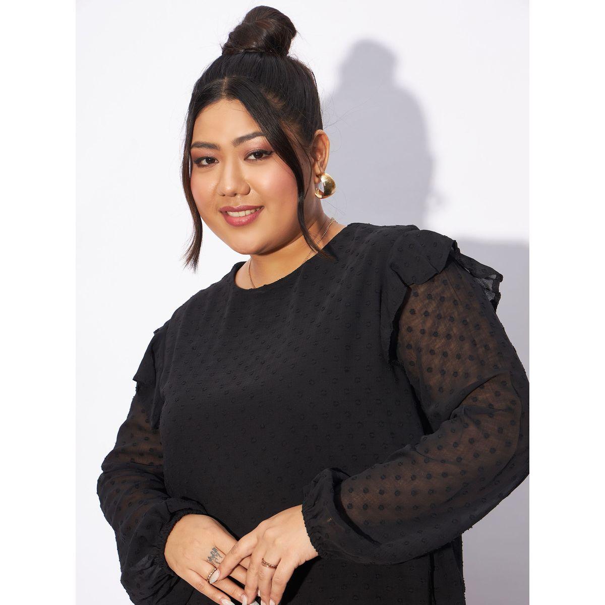 بلوزة بمقاس كبير وخيوط دوبي مع ياقة دائرية ساسافراس × ستايلي-women-clothing-shirtsandblouses-blouses-image-4