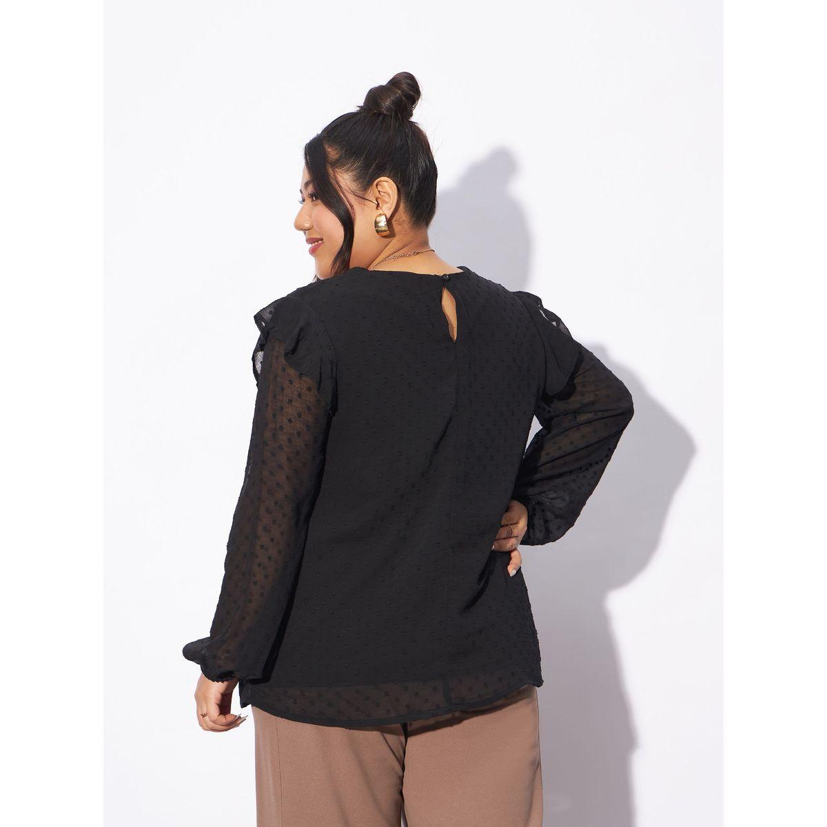 بلوزة بمقاس كبير وخيوط دوبي مع ياقة دائرية ساسافراس × ستايلي-women-clothing-shirtsandblouses-blouses-image-5