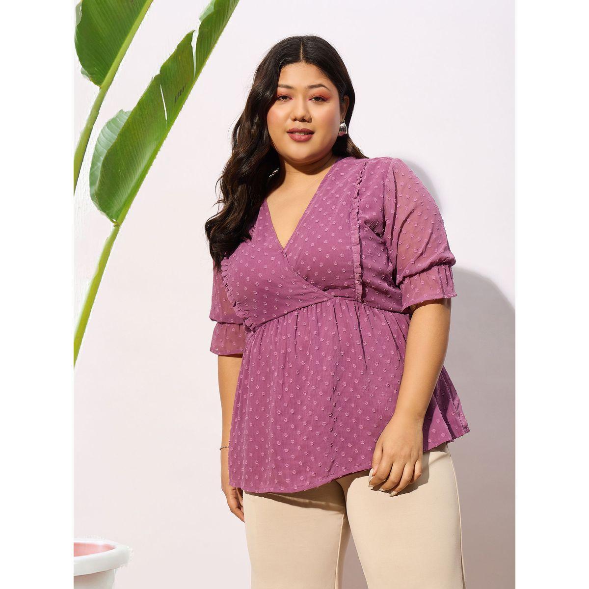 بلوزة بمقاس كبير وخيوط دوبي مع اكمام قصيرة ساسافراس × ستايلي-women-clothing-shirtsandblouses-blouses-image-1
