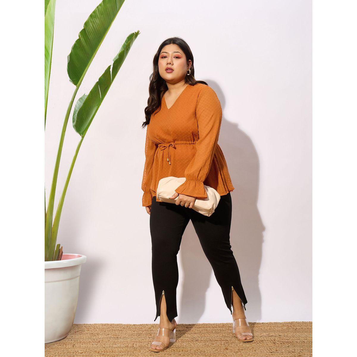 بلوزة دوبي بمقاس كبير مع رباط خصر ساسافراس × ستايلي-women-clothing-shirtsandblouses-blouses-image-2