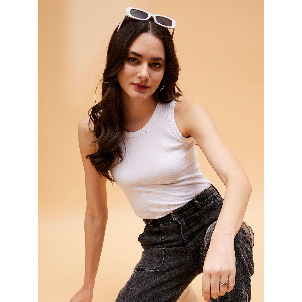بلوزة مضلعة بلا اكمام مع ياقة دائرية ساسافراس × ستايلي-women-clothing-tshirts-image-1