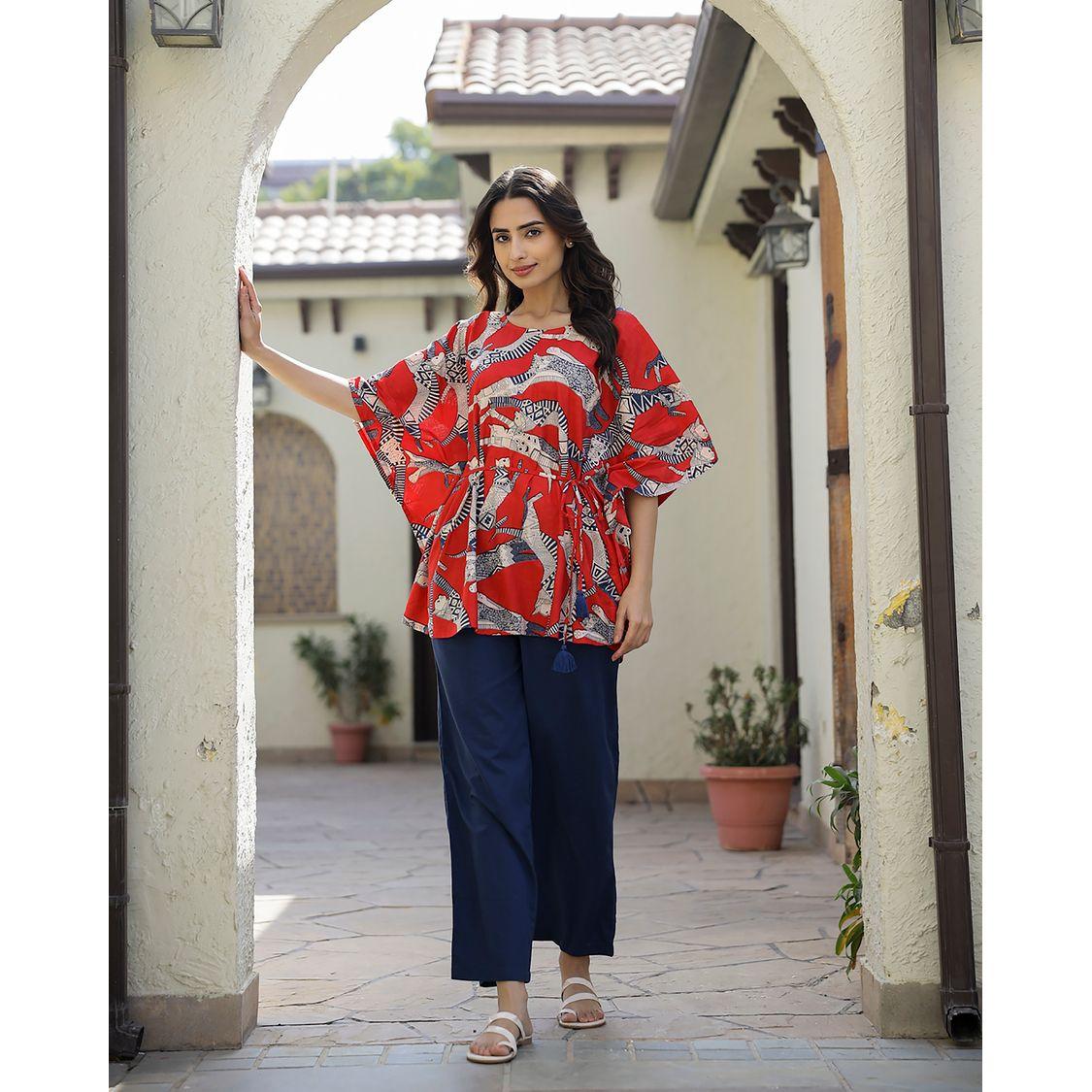 مجموعة من بنطال بارجل مستقيمة مع بلوزة بطبعة قبلية سانسكريتي هومز × ستايلي-women-clothing-coordsets-image-4