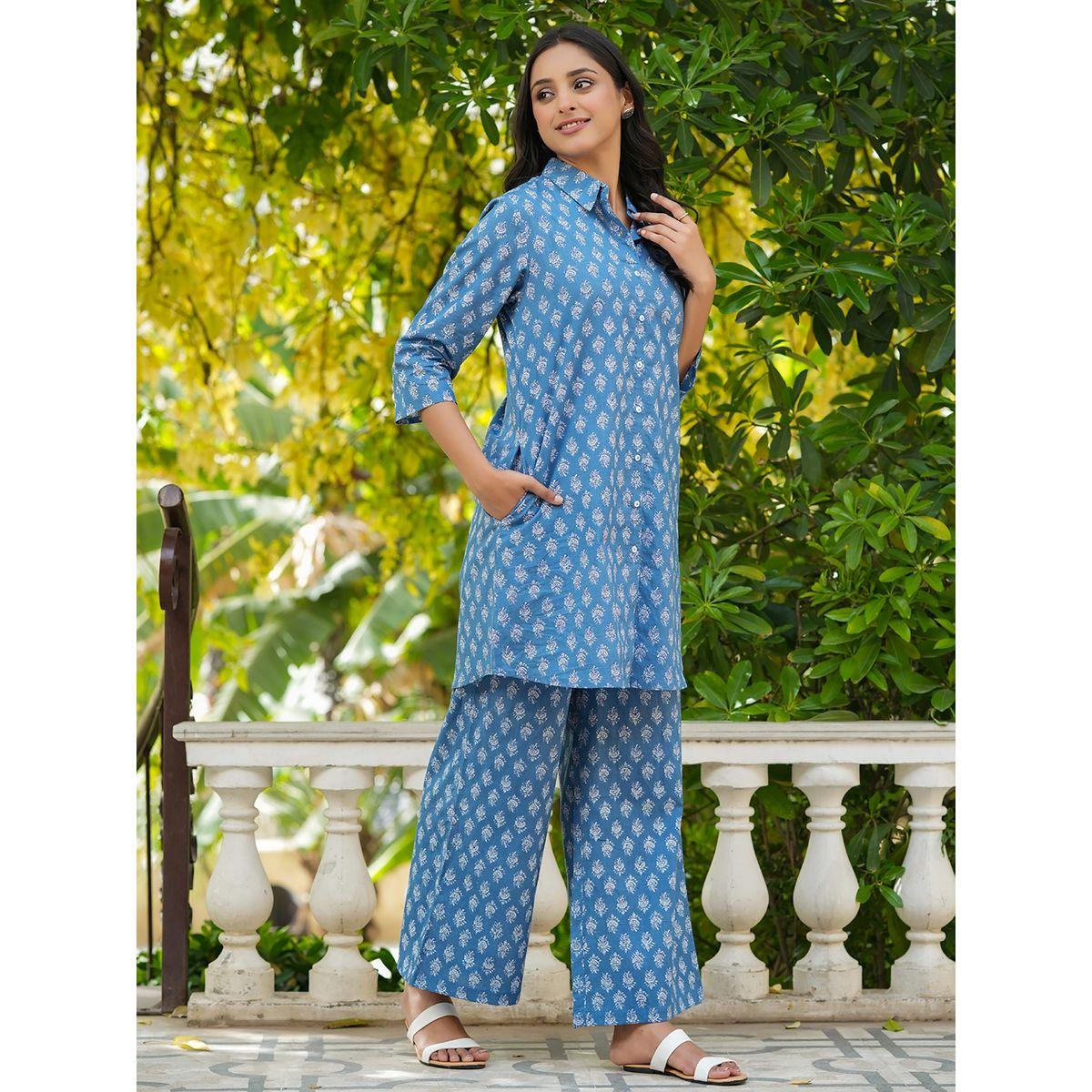 Sanskrutihomes X Styli  Block Print Longline Shirt with Pockets & Wide Leg Pants Co-Ord-women-clothing-coordsets-image-4