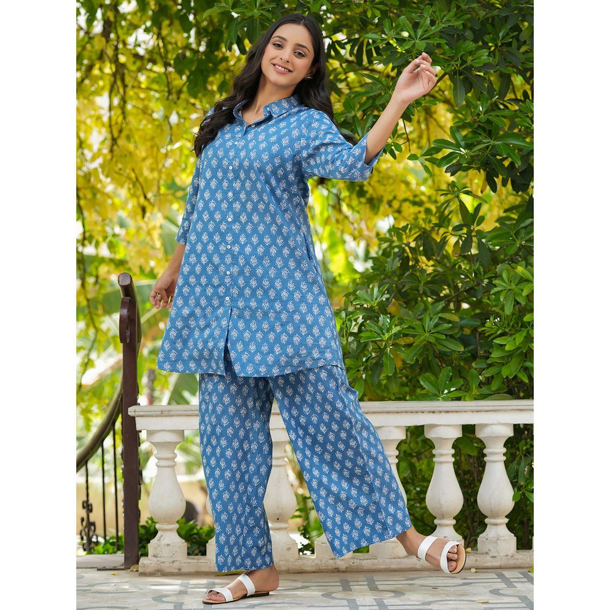 Sanskrutihomes X Styli  Block Print Longline Shirt with Pockets & Wide Leg Pants Co-Ord-women-clothing-coordsets-image-7