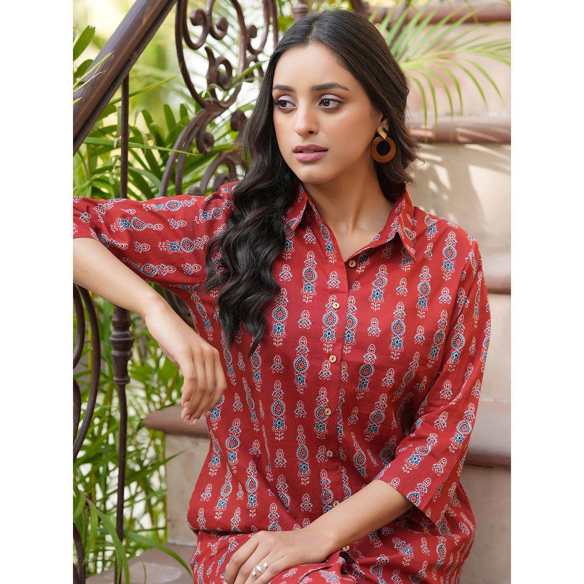 Sanskrutihomes X Styli  All Over Print Longline Shirt & Wide Leg Pants Co-Ord-women-clothing-coordsets-image-8