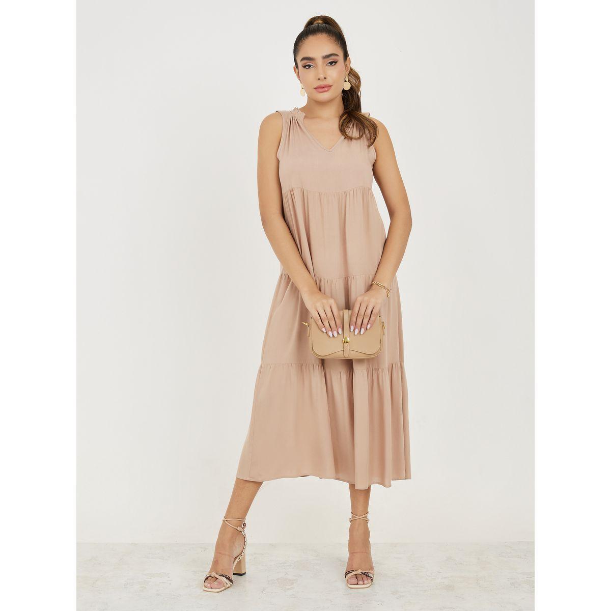 Styli Gathered Detail Notch Neck Midi Dress-women-clothing-dresses-image-1