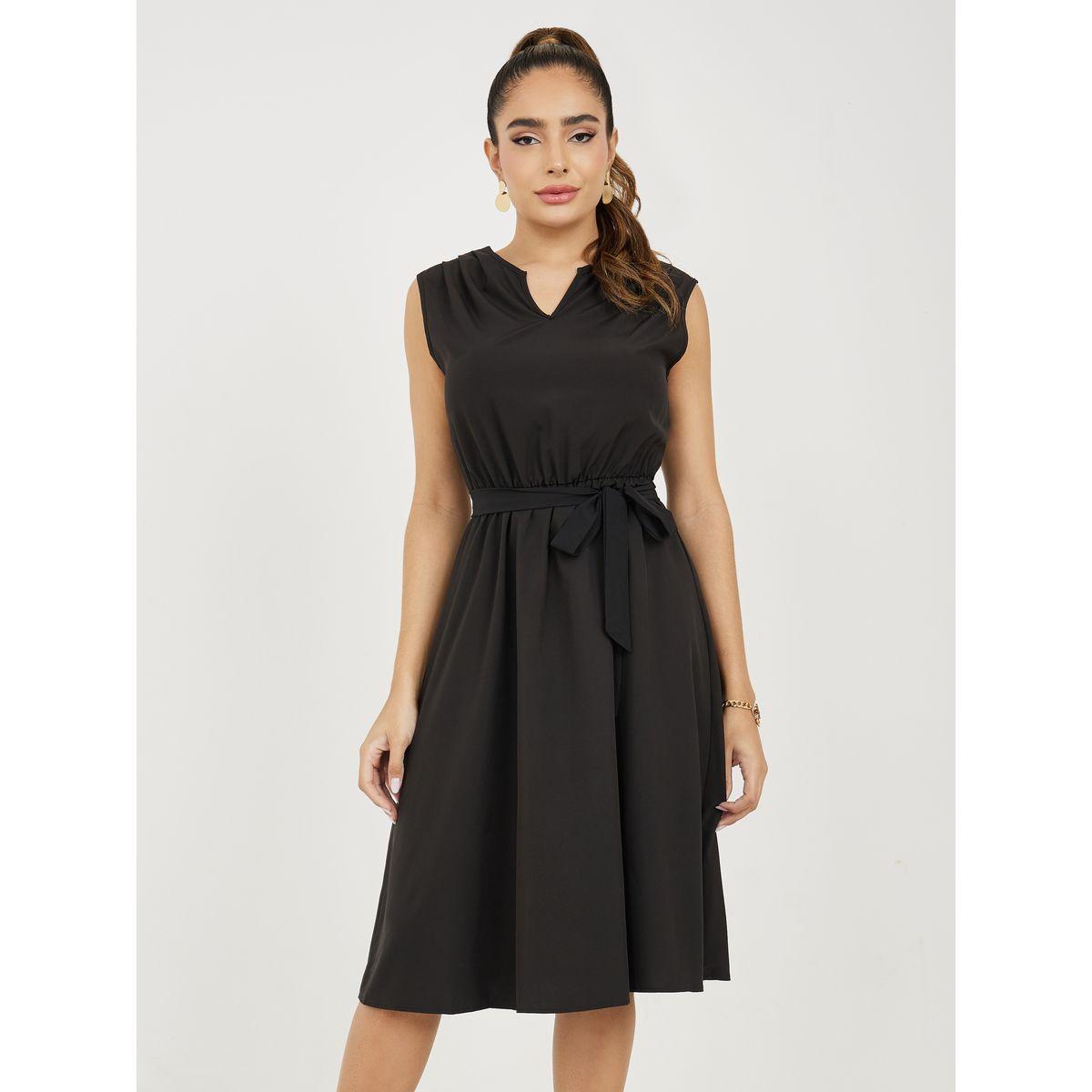 Styli Solid Notch Neck Midi Dress with Tie Belt-women-clothing-dresses-image-3