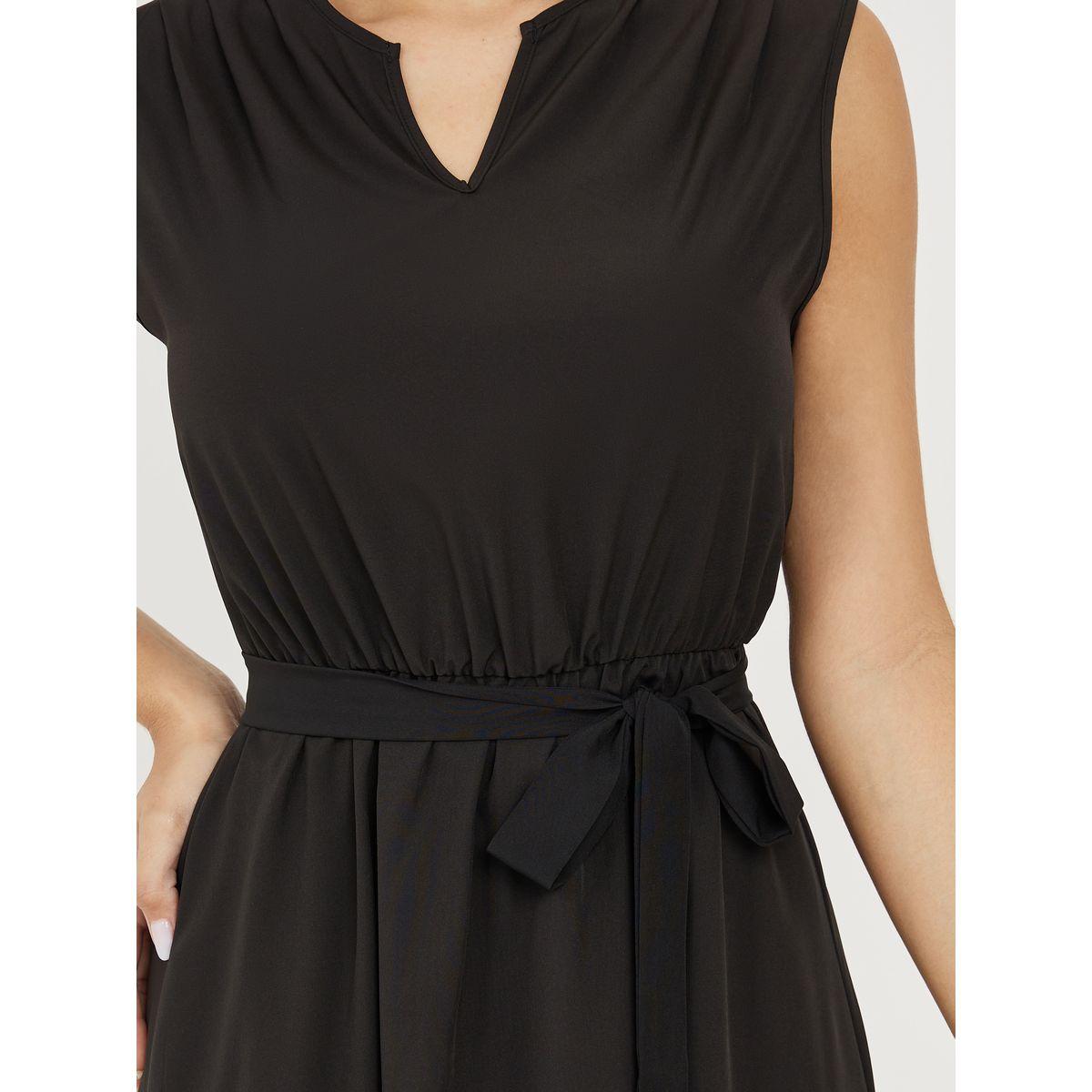 Styli Solid Notch Neck Midi Dress with Tie Belt-women-clothing-dresses-image-4