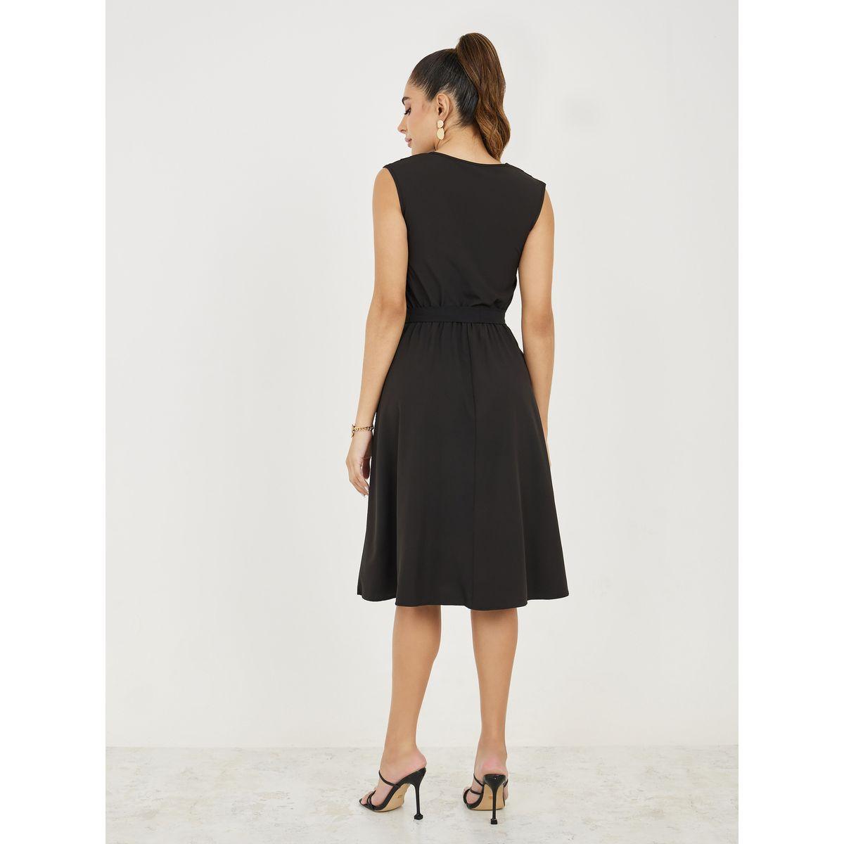 Styli Solid Notch Neck Midi Dress with Tie Belt-women-clothing-dresses-image-5