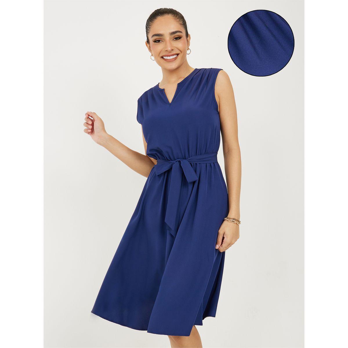 فستان ميدي سادة مع رباط خصر وياقة بشق-women-clothing-dresses-image-4
