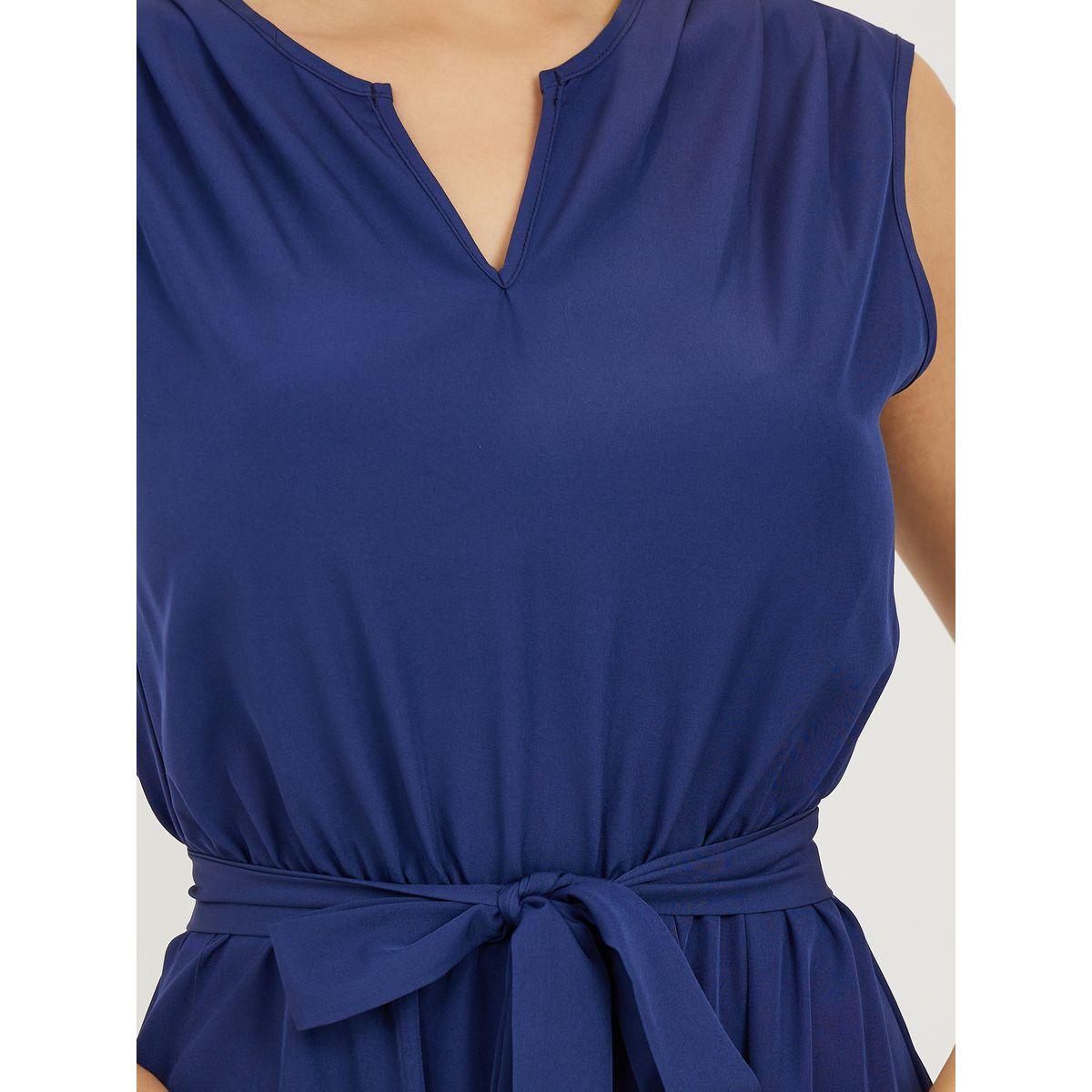 فستان ميدي سادة مع رباط خصر وياقة بشق-women-clothing-dresses-image-2