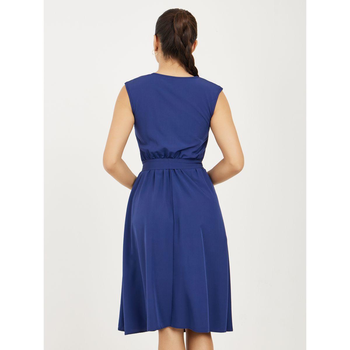 فستان ميدي سادة مع رباط خصر وياقة بشق-women-clothing-dresses-image-1