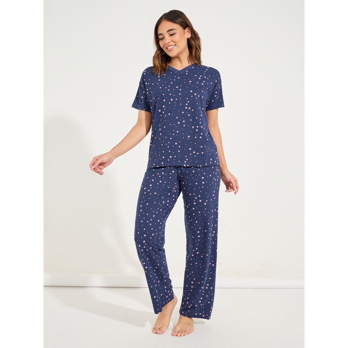 طقم من بنطال بيجاما مع تيشيرت مطبع بالكامل-women-clothing-nightwear-pyjamas-longsets-image-1