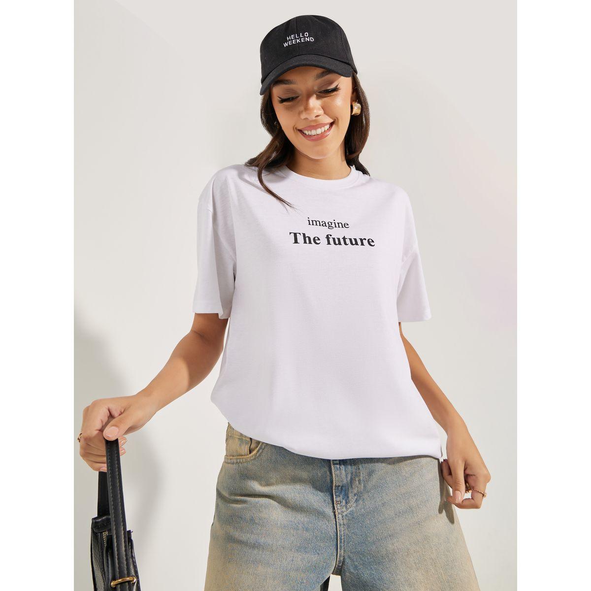 تيشيرت فضفاض مطبع بكتابة واكمام قصيرة-women-clothing-tshirts-image-1