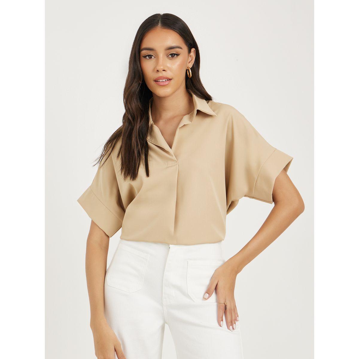 Styli Solid Boxy Shirt with Batwing Sleeves-women-clothing-shirtsandblouses-shirts-image-2
