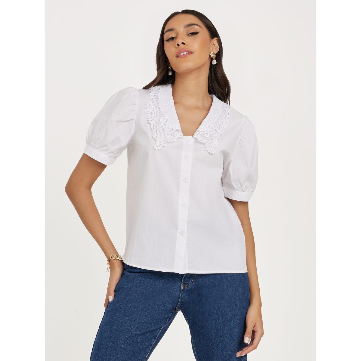 Styli Solid Lace Collar Puff Sleeve Shirt-women-clothing-shirtsandblouses-shirts-image-1