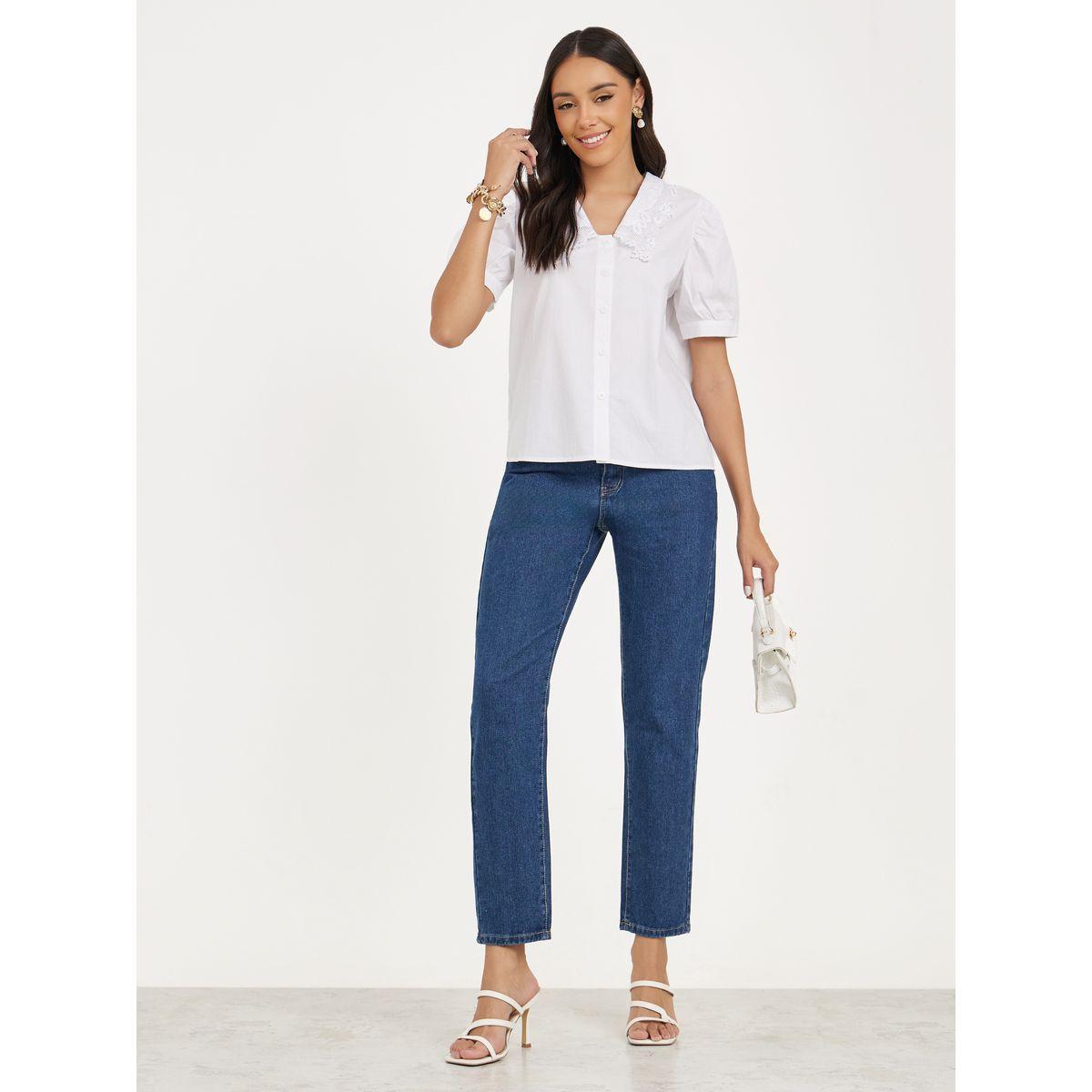 Styli Solid Lace Collar Puff Sleeve Shirt-women-clothing-shirtsandblouses-shirts-image-3