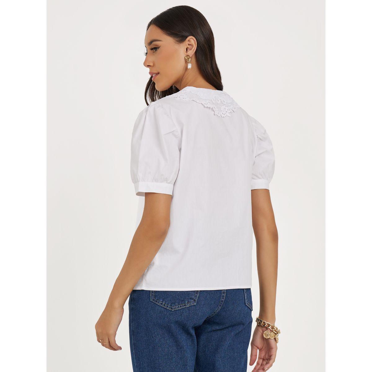 بلوزة سادة بتفاصيل دانتيل مع اكمام منفوخة-women-clothing-shirtsandblouses-shirts-image-1