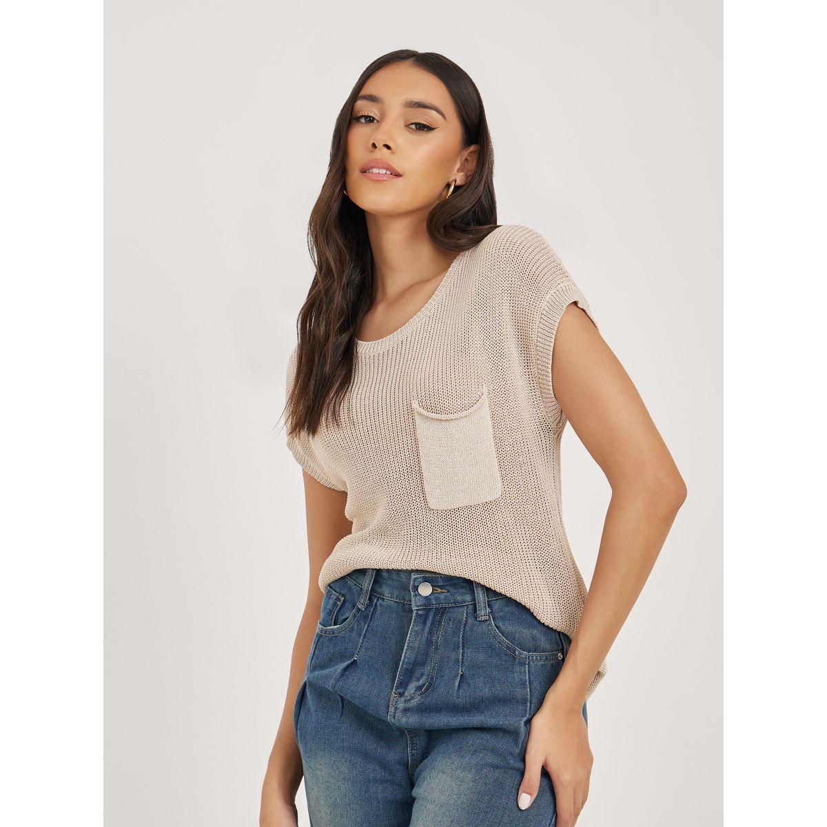 بلوزة محبوكة باكمام وطواطية وتفاصيل جيب-women-clothing-shirtsandblouses-blouses-image-1