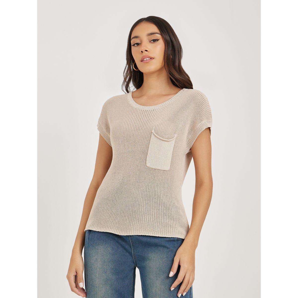 بلوزة محبوكة باكمام وطواطية وتفاصيل جيب-women-clothing-shirtsandblouses-blouses-image-2