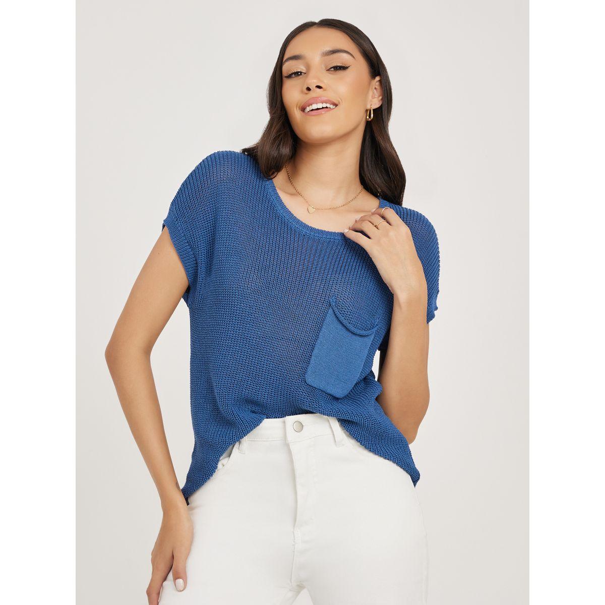 بلوزة محبوكة باكمام وطواطية وتفاصيل جيب-women-clothing-shirtsandblouses-blouses-image-1