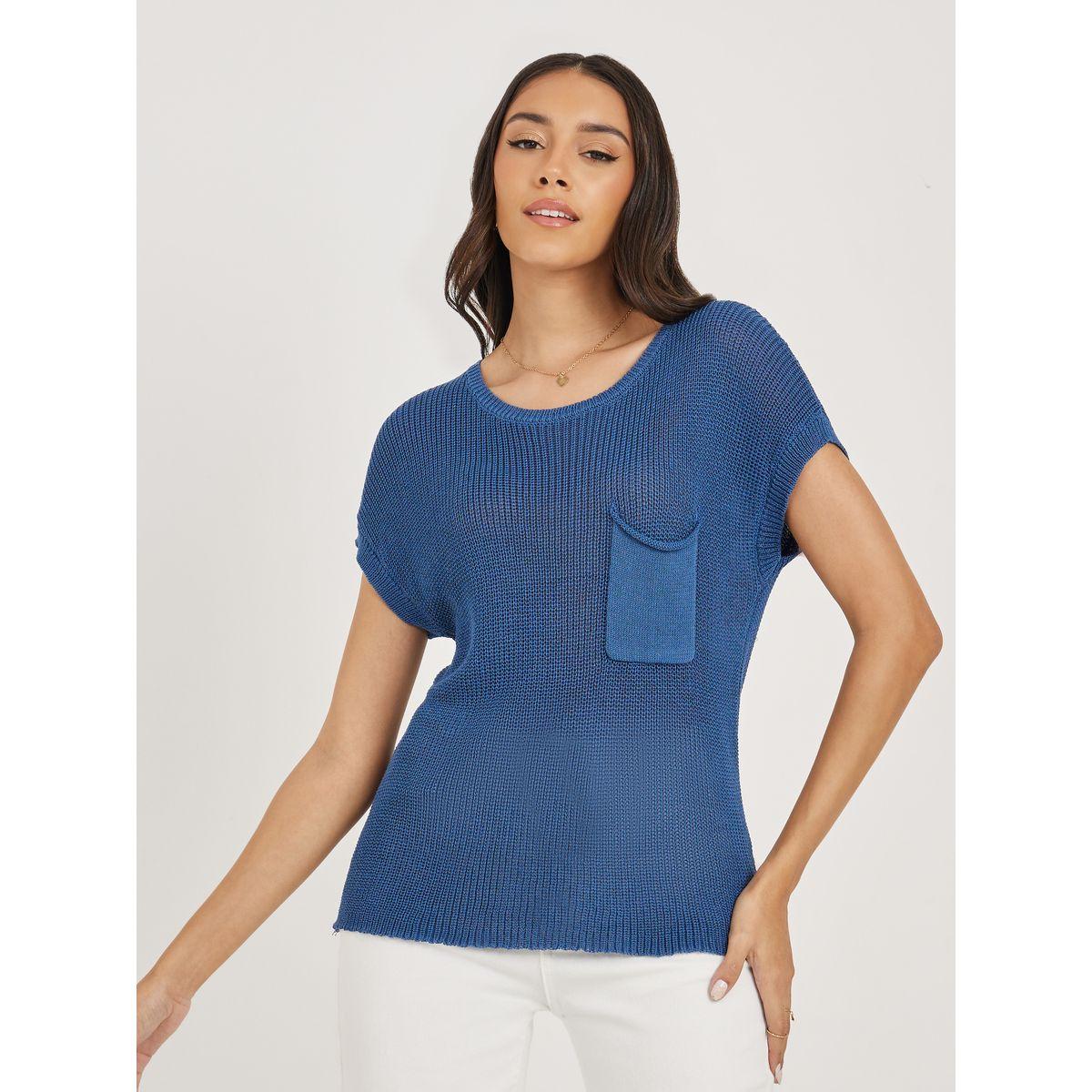 بلوزة محبوكة باكمام وطواطية وتفاصيل جيب-women-clothing-shirtsandblouses-blouses-image-2