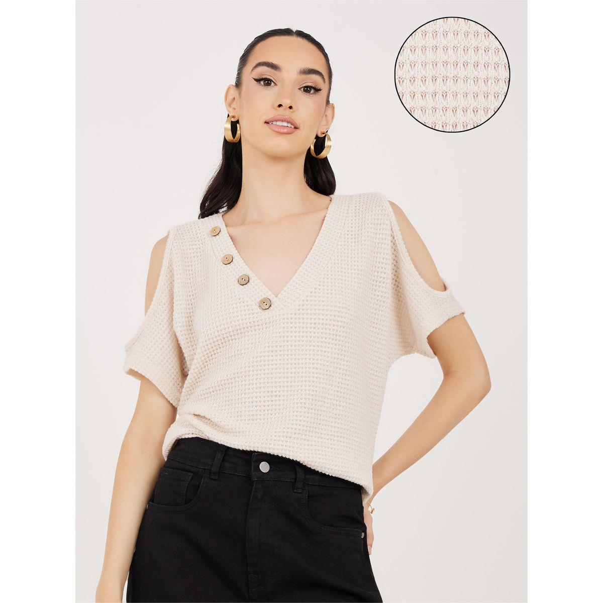 بلوزة محبوكة باكتاف مكشوفة وازرار-women-clothing-shirtsandblouses-blouses-image-1