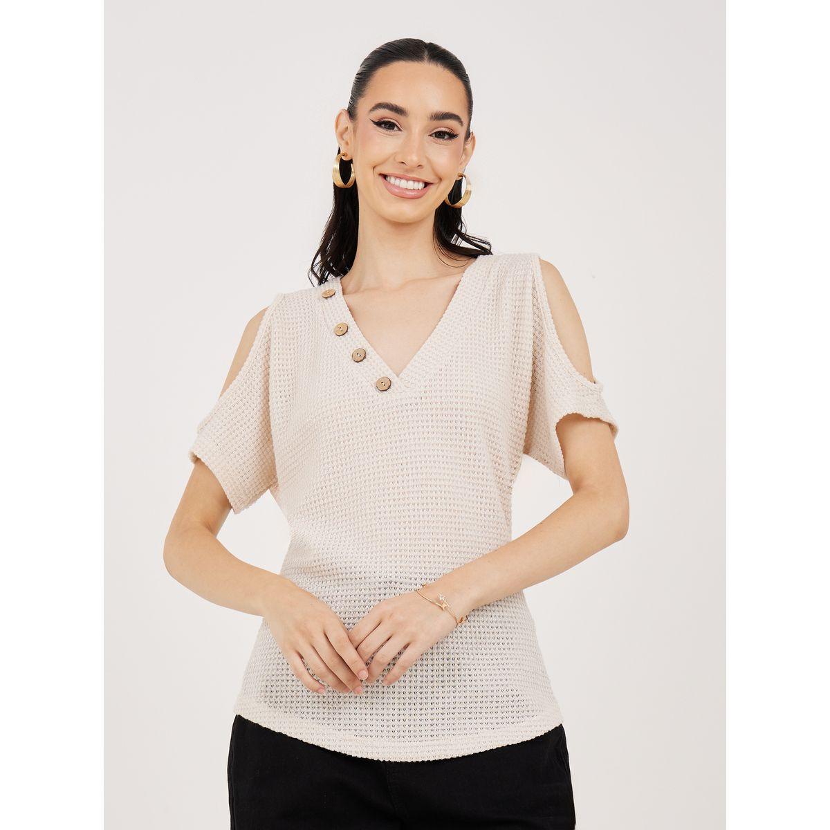 بلوزة محبوكة باكتاف مكشوفة وازرار-women-clothing-shirtsandblouses-blouses-image-2