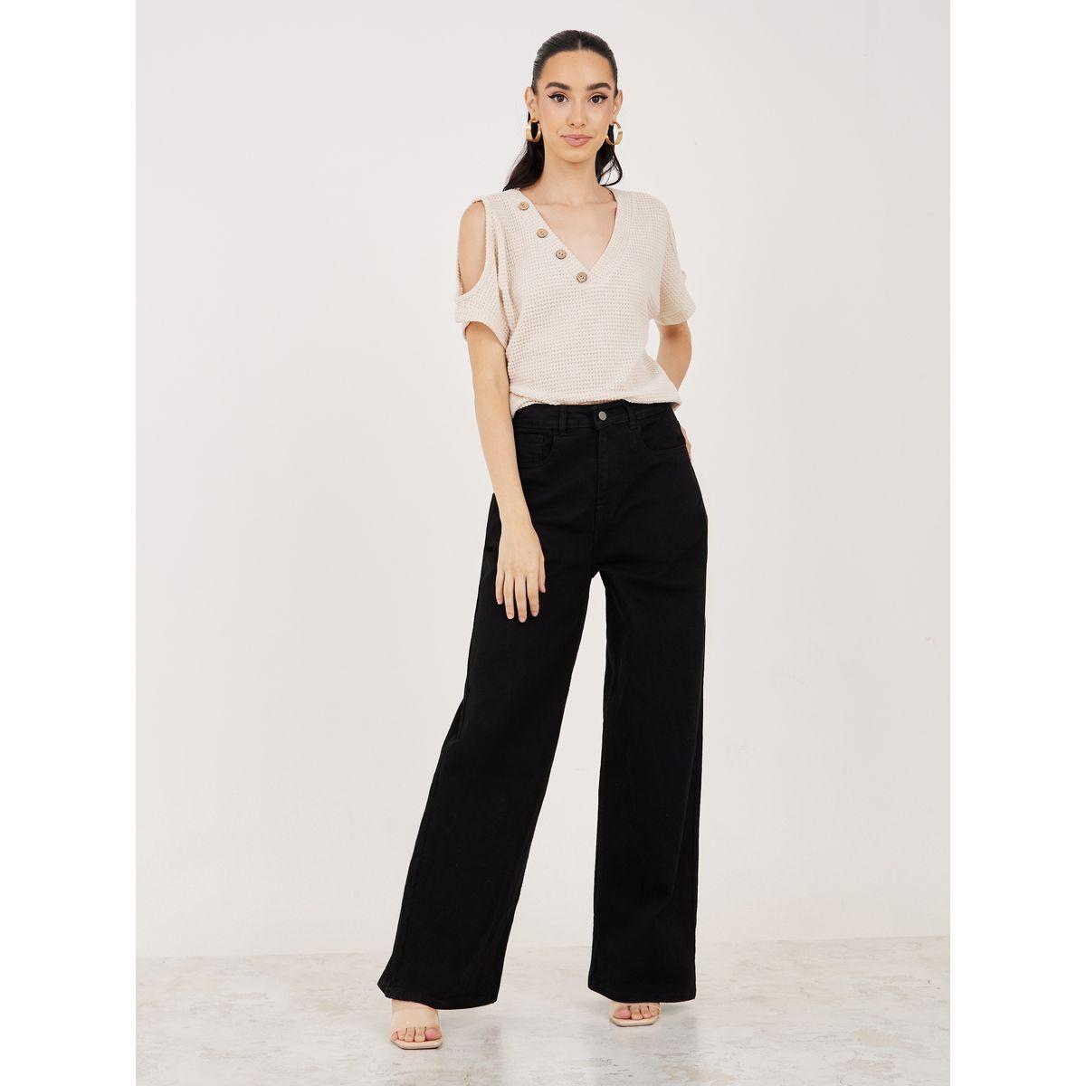 Styli V Neck Button Trim Knit Top with Cold Shoulder Sleeves-women-clothing-shirtsandblouses-blouses-image-3