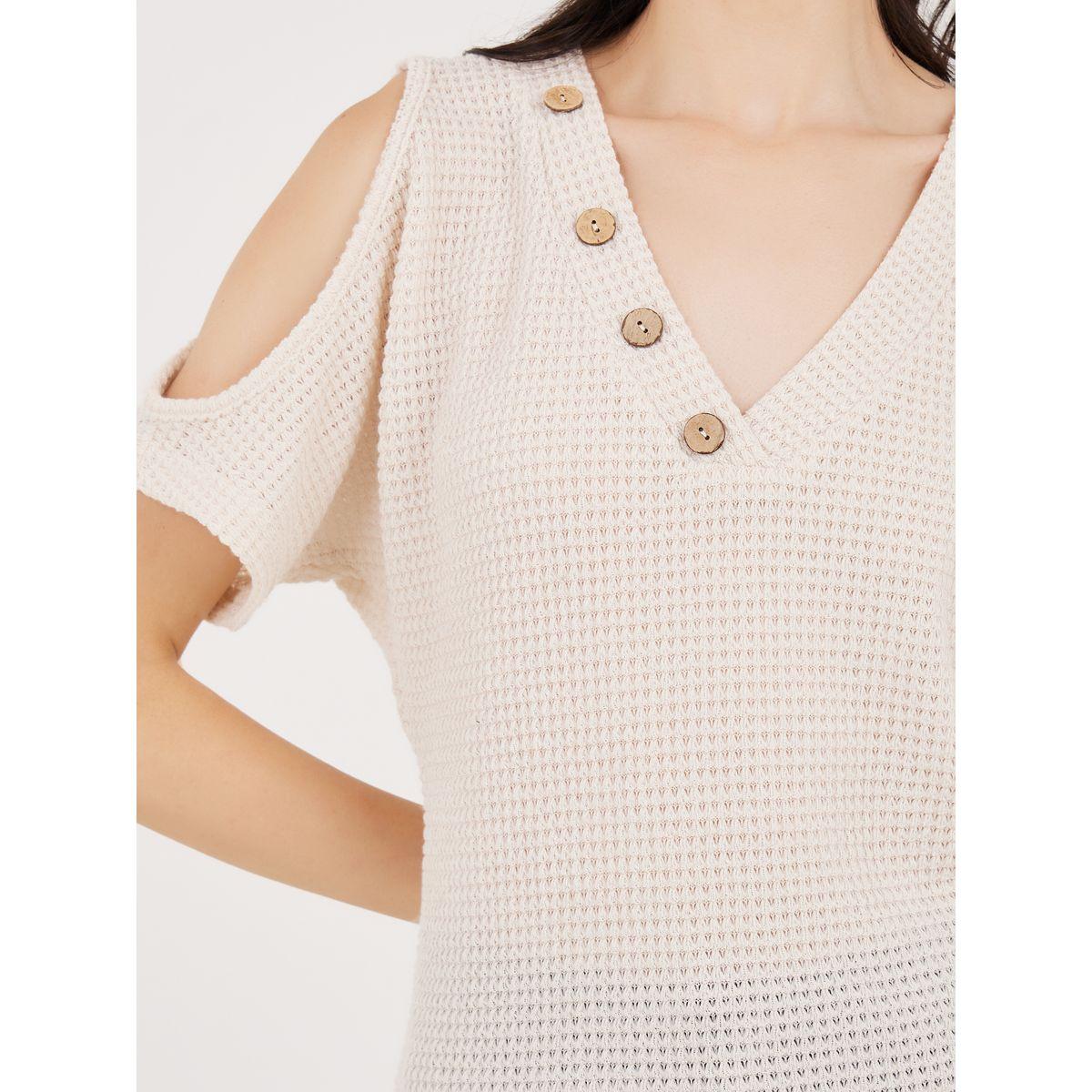 Styli V Neck Button Trim Knit Top with Cold Shoulder Sleeves-women-clothing-shirtsandblouses-blouses-image-4