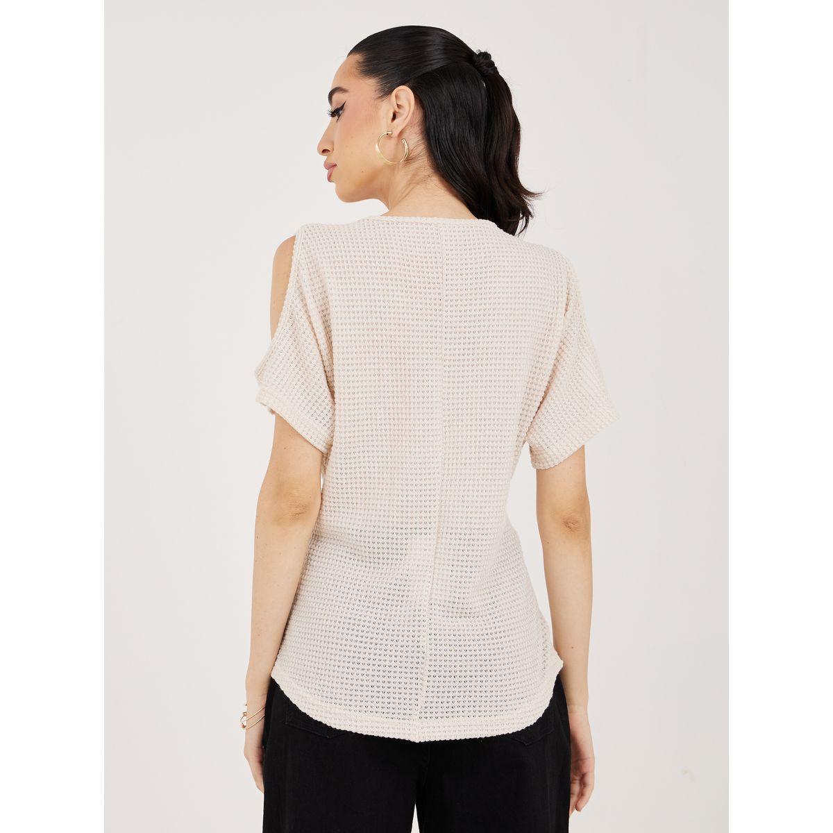 Styli V Neck Button Trim Knit Top with Cold Shoulder Sleeves-women-clothing-shirtsandblouses-blouses-image-5